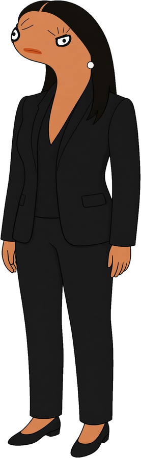 Original cartoon parody illustration of a candidate in a black pantsuit